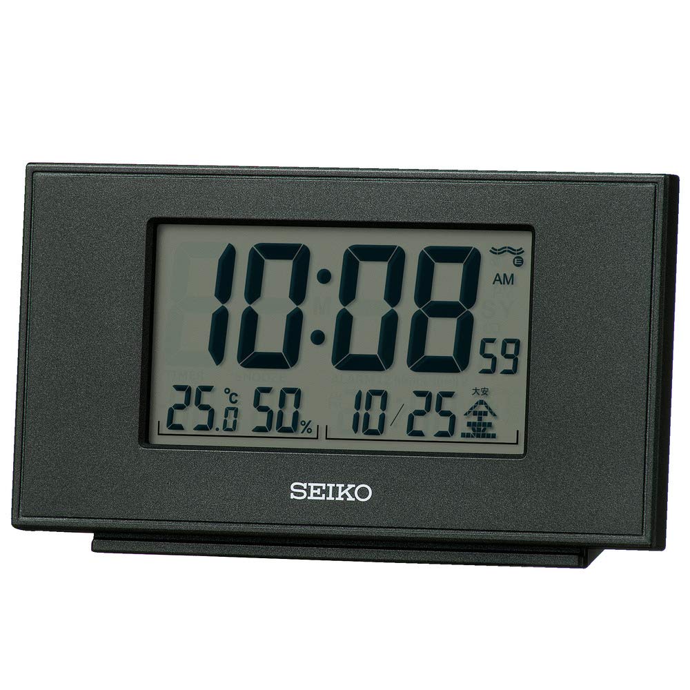 セイコークロック(Seiko Clock) 置き時計 黒メタリック 本体サイズ:7.8×13.5×3.8cm 目覚まし時計 電波 デジタル カレンダー 温度 湿度