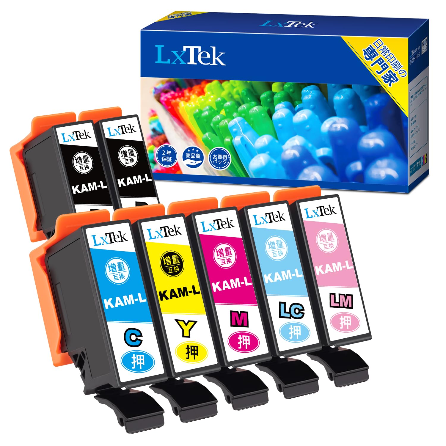 LxTek KAM-6CL-L 互換インクカートリッジ エプソン(Epson)用 KAM カメ インク 6色セット+黒1本(合計7本) 大容量/説明書付/残量表示/個包