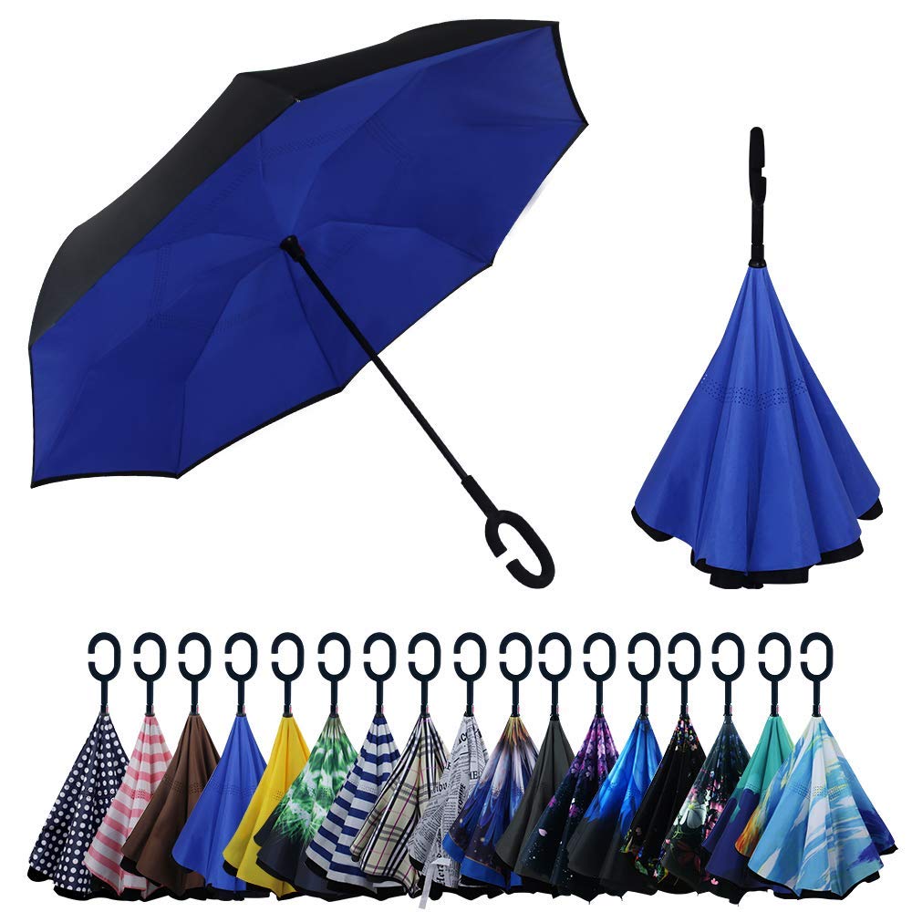 YOKITOMO 長傘 レディース 逆さ傘 丈夫 撥水 内外２枚の布の構成で耐風 熱中症対策 遮光 遮熱効果 閉じると自立可能 晴雨兼用傘 車用(ブ