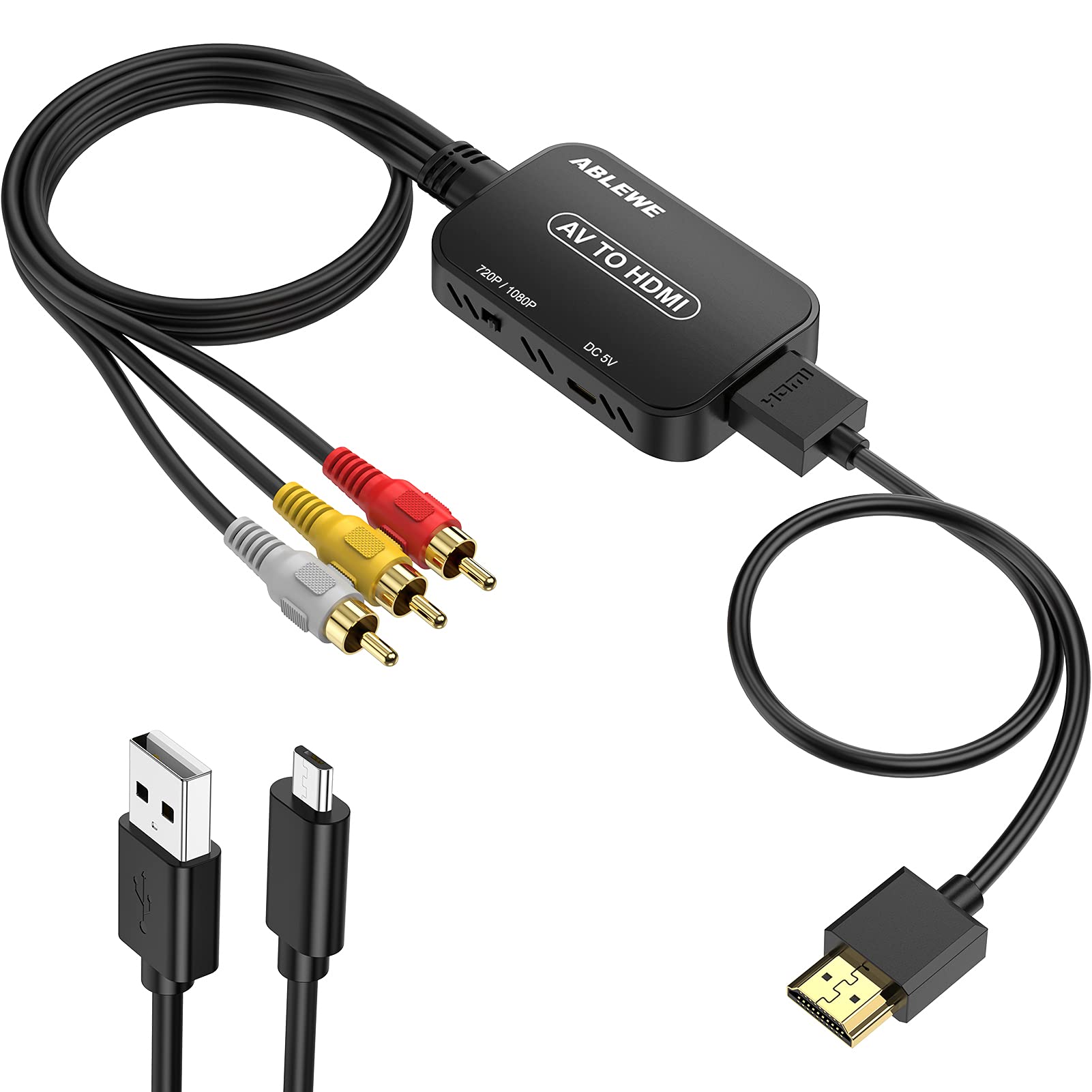 ABLEWE RCA to HDMI 変換コンバーター AV to HDMI コンポジット 1080/720P切り替え 音声出力可 USB給電 日本語取扱説明書付き3色(赤 白