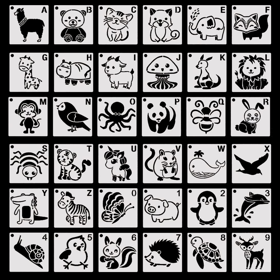 Koonafy テンプレート 36枚 動物形 ステンシルシート パンダ 猫 かわいい プレート 絵画 文具 プレゼント DIY 手作り デザイン 製図 ステ