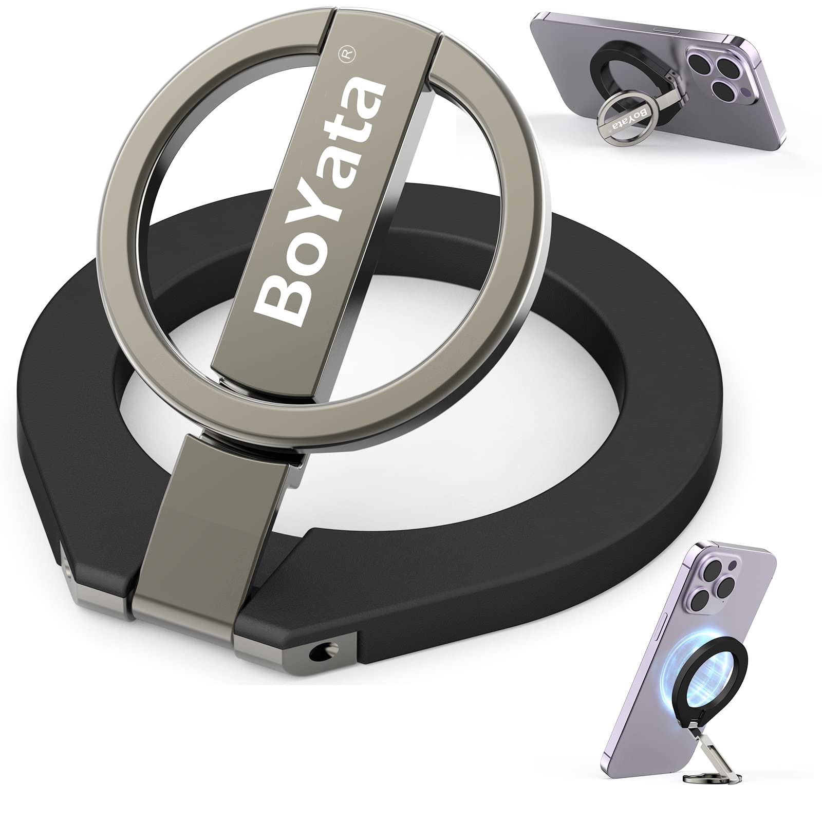 BoYata マグネット式スマホリング MagSafe対応 バンカーリング スマホスタンド機能 360?回転 角度調整可能 磁気増強メタルリング付き ス