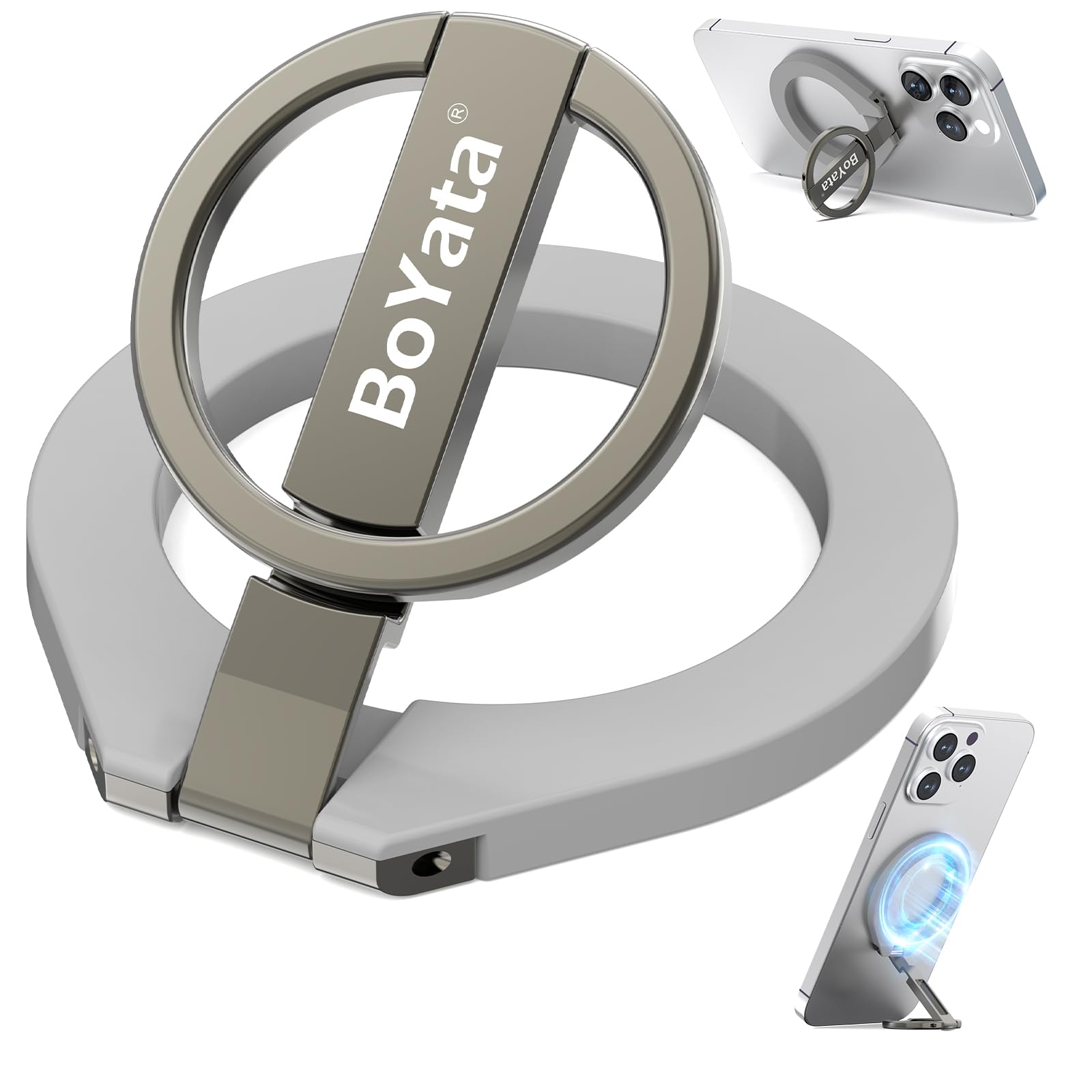 BoYata マグネット式スマホリング MagSafe対応 バンカーリング スマホスタンド機能 360度回転 角度調整可能 磁気増強メタルリング付き 落