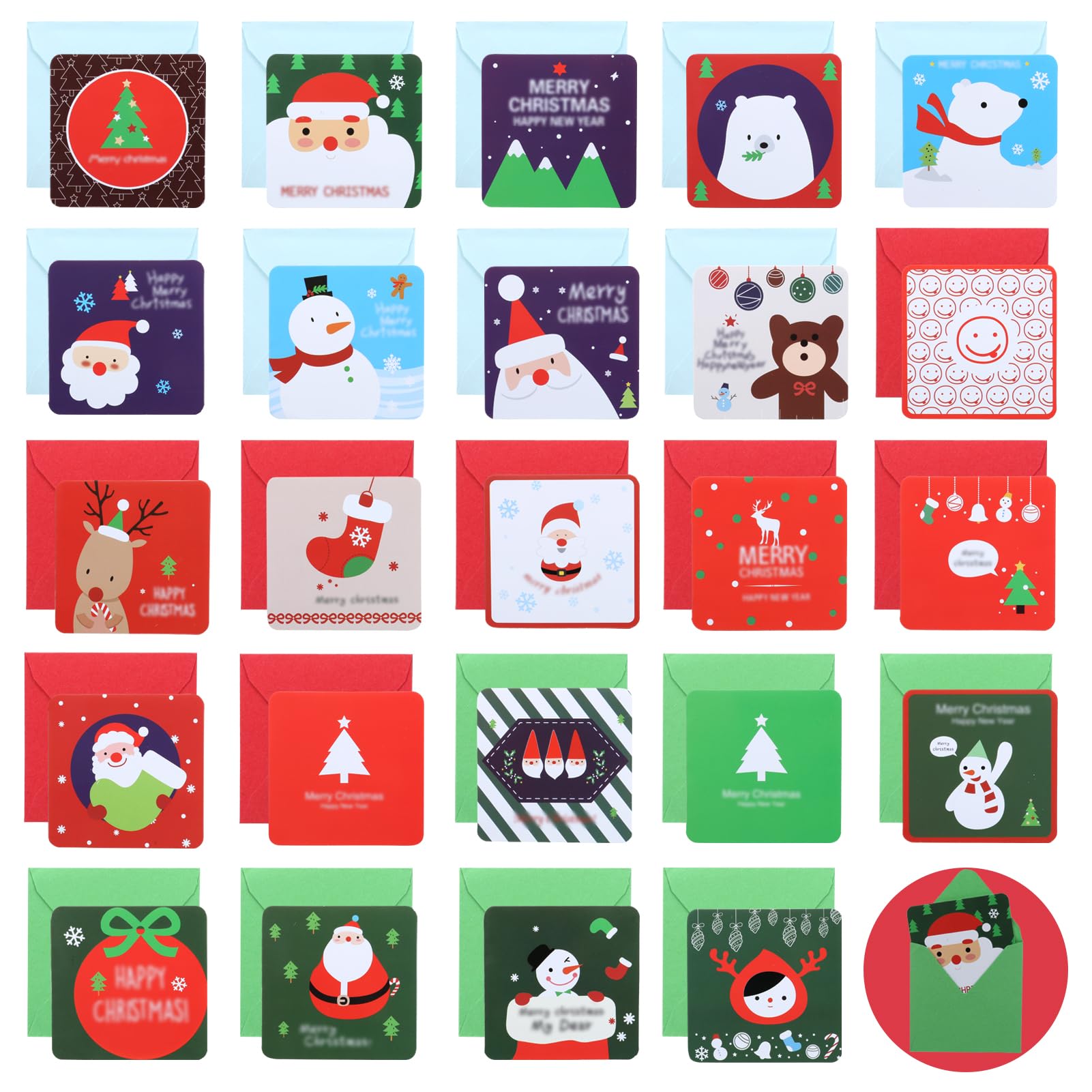 NALER クリスマスカード グリーティングカード 24枚 サンタ クリスマスツリー 雪の結晶 クリスマス オーナメント 鈴封筒付 パーティー ク