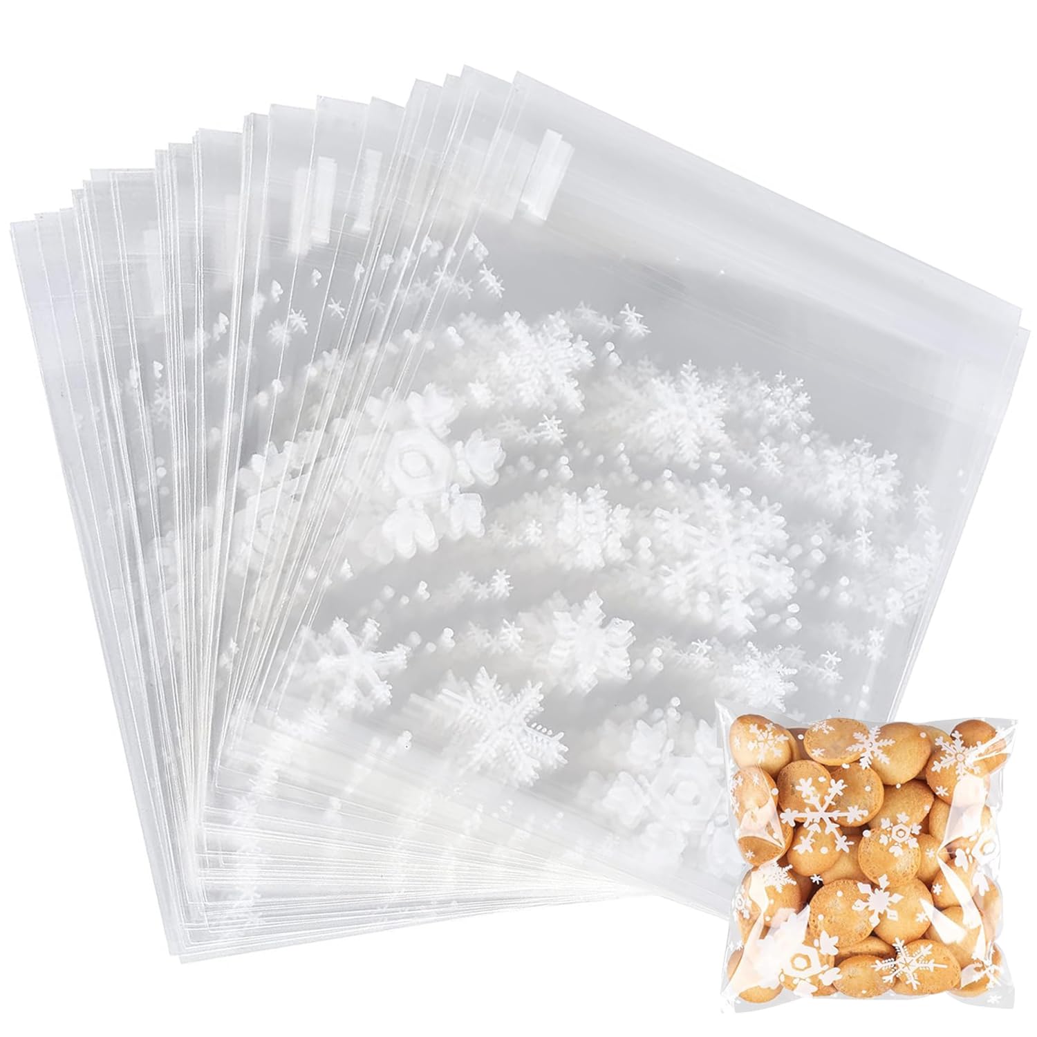 クリスマス ラッピング 袋 雪の結晶 小分け袋 100枚 透明OPP袋 雪の結晶ミニプリント ラッピング袋 包装 テープ付 ビニール袋 ジュエリー