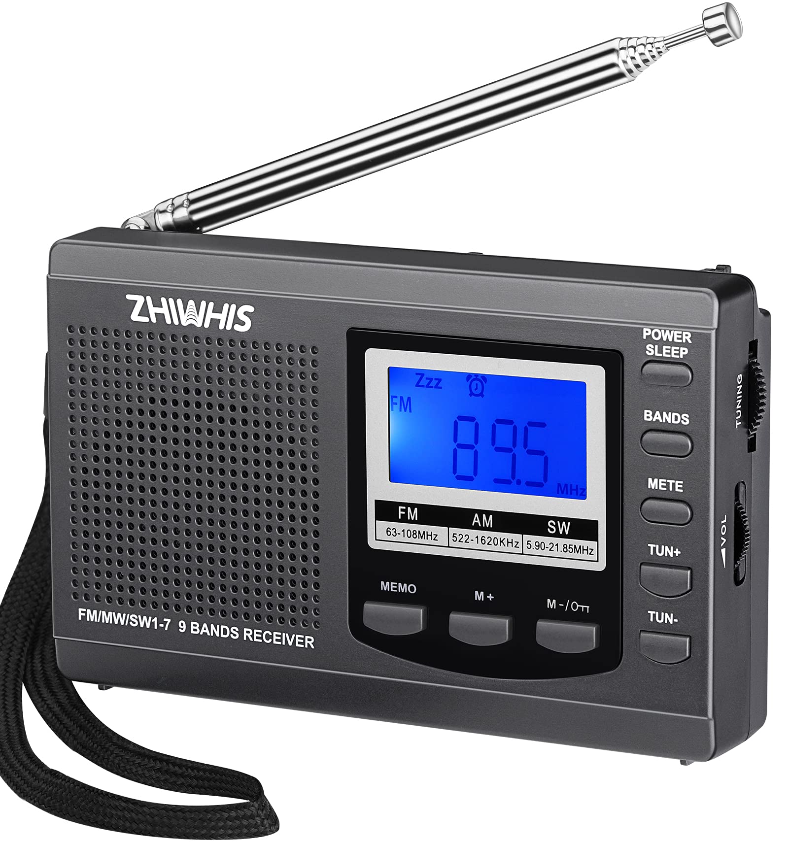 ZHIWHIS ラジオ 小型ポータブル FM/AM/SW ワイドfm対応 高感度クロック防災ラジオ 電池式 タイマー/目覚まし時計/デジタル時計/キーロッ