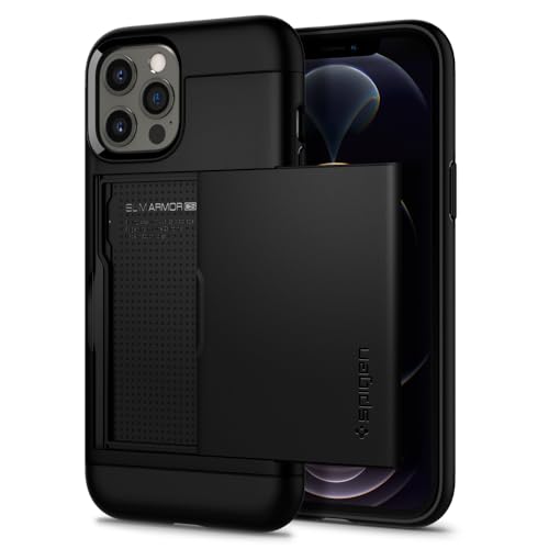 Spigen i Phone12Pro ケース i Phone12 ケース カード 収納 耐衝撃 米軍MIL規格 衝撃 吸収 ハード カバー 背面 スライド 式 カードケース MIL規格 落下防止 I
