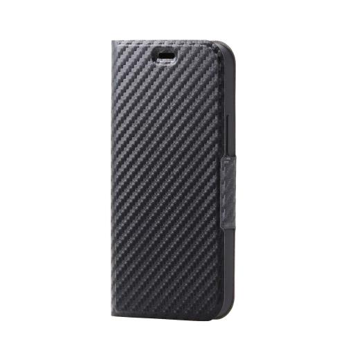 エレコム i Phone 12 mini ケース Qi充電対応 ソフトレザー 薄型 磁石付 カーボン調（ブラック） PM-A20APLFUCB