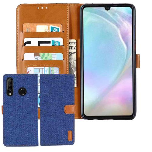 Anrek HUAWEI P30 lite MAR-LX2J/Premium HWV33/HWU36/nova 4e 対応 デニム材料 手帳ケース (ブルー) p30ライト ノベ4e ケース カバー 