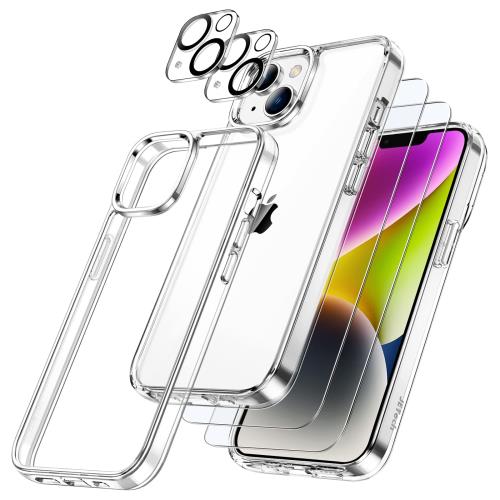 JEDirect 5 in 1 i Phone 14 6.1インチ用 ケース液晶保護 2枚フィルム+2枚カメラレンズフィルム付き 黄ばみなし 全面保護 強化ガラスフィルム 耐衝撃カバー(クリア)