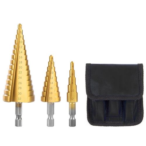 サムコス ステップドリル 六角軸 ドリル 3本セット チタンコーティング スパイラル HSS？ 4-32mm 4-20mm 4-12mm 穴掘りドリル 鉄工用 木工用 diy工具 家庭用 収納袋付