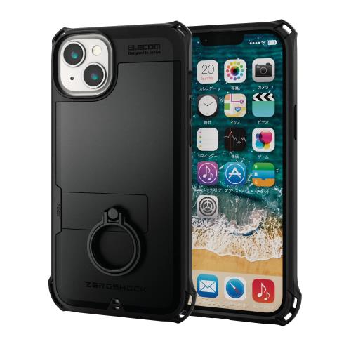 エレコム i Phone 14 Plus ケース カバー 耐衝撃 衝撃吸収 ZEROSHOCK リング付き 衝撃吸収フィルム付き ストラップホール付き ブラック PM-A22BZERORBK