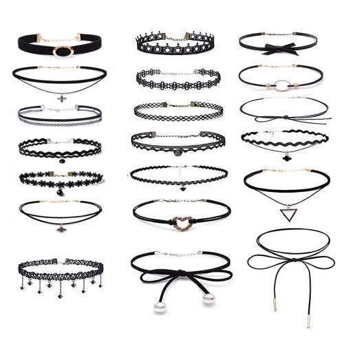 YFFSFDC チョーカー ネックレス 黒 20点セット シンプル おしゃれ レディース choker リボン作り 花のレース 伸縮タイプ ペンダント付き 首輪 アクセサリー
