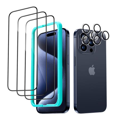 3+2 セット+ガイド枠ESR i Phone 15 Pro ガラスフィルム 強化ガラス保護フィルム 3 枚 独立型レンズフィルム 2セット 気泡ゼロ 2.5Dカーブエッジ フルカバー 硬度9H 米軍