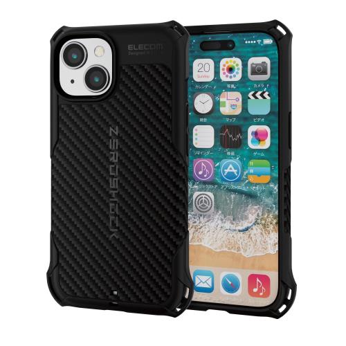 エレコム i Phone15 ケース ZEROSHOCK 耐衝撃 衝撃吸収 四つ角ダンパー グリップデザイン ストラップホール付き ブラック PMWA23AZEROGBK