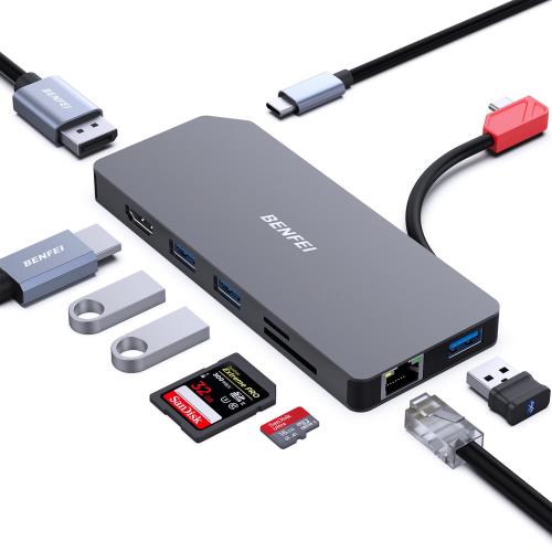 2024年新型BENFEI 9-in-1 ポータブル ドッキング ステーション、USB C MST ハブ - HDMI Display Port デュアル モニター/3*USB Type-A/1*US