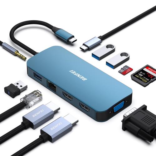 BENFEI 11-in-1 USB C MST ラップトップドッキングステーション シリコン織デザインケーブル付き USB-C ハブ USB-C から 3*HDMI/1*VGA 3*USB 3.0/