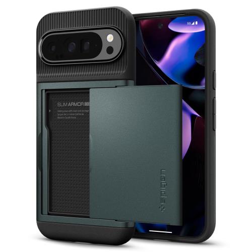 Spigen Pixel9 Pro XL ケース カード収納 MIL規格取得 耐衝撃 指紋防止 傷防止 衝撃 吸収 二重構造 スリム・アーマー CS ACS07730(アビス・グリーン)