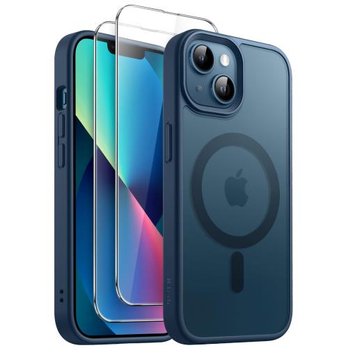 JETech 3 in 1 i Phone 13 6.1 インチ用 マグネット ケース 2枚強化ガラスフィルム付き Mag Safe対応 半透明マットバック 耐衝撃スマホカバー (ストームブルー)