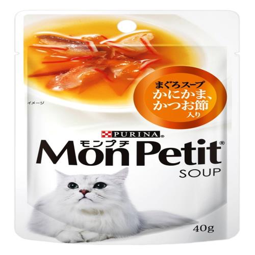 モンプチ スープ パウチ 成猫用 かにかま、 かつお節入り まぐろスープ 40g×12袋入り (まとめ買い) [キャットフード]
