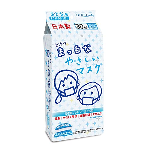 マスク 安心の日本製 使い捨て不織布マスク フリーサイズ 耳が痛くならない平ゴム・ソフト生地仕様 軽い着け心地 花粉・ウイルス・飛沫防止 Bihou(ビホウ) おとな用まっ白なやさしいマスク(個包装)