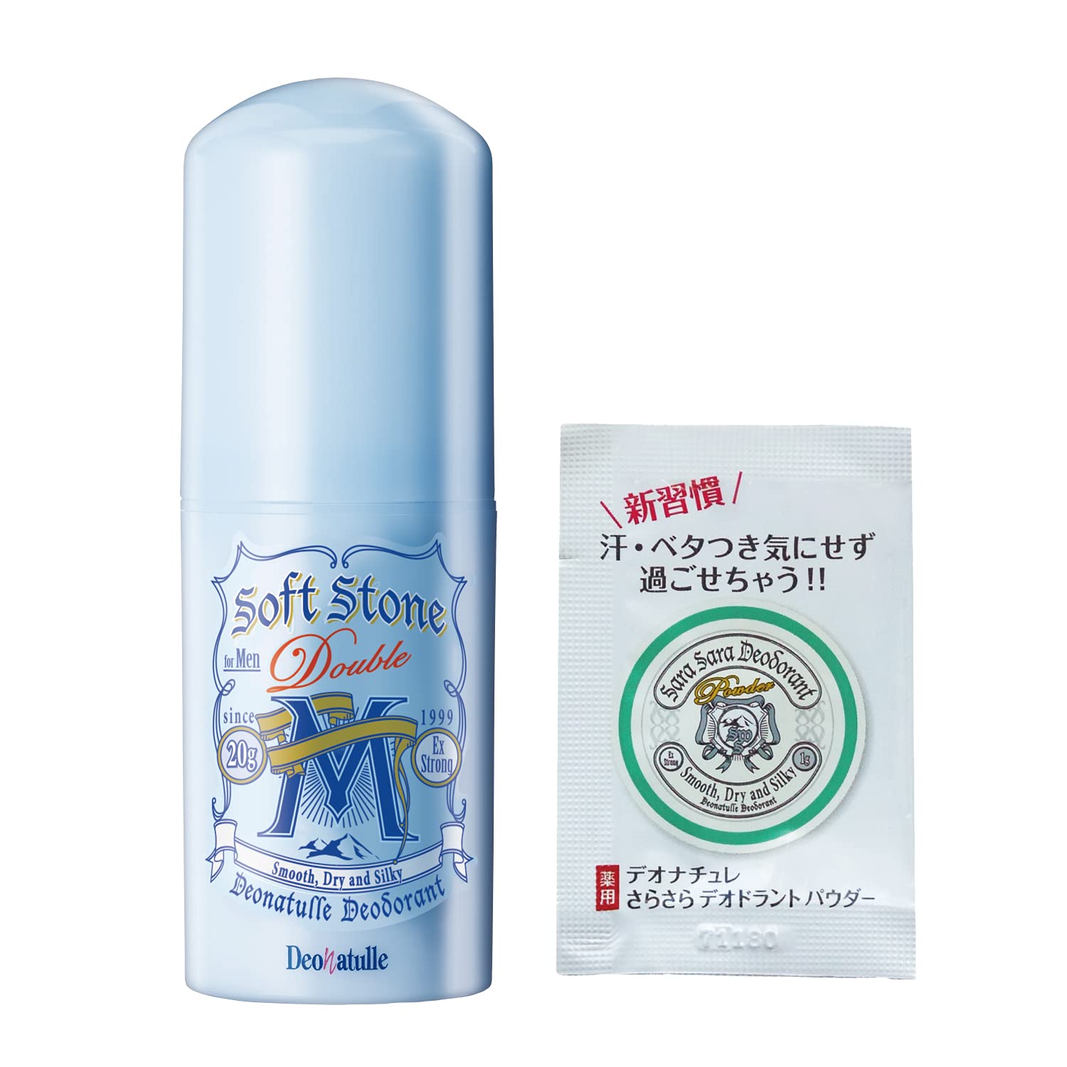 医薬部外品 デオナチュレ 男ソフトストーンW 男性用 メンズ ワキ用 直ヌリ 制汗剤 スティック ミント 1個(20g)さらさらパウダーサシェ付