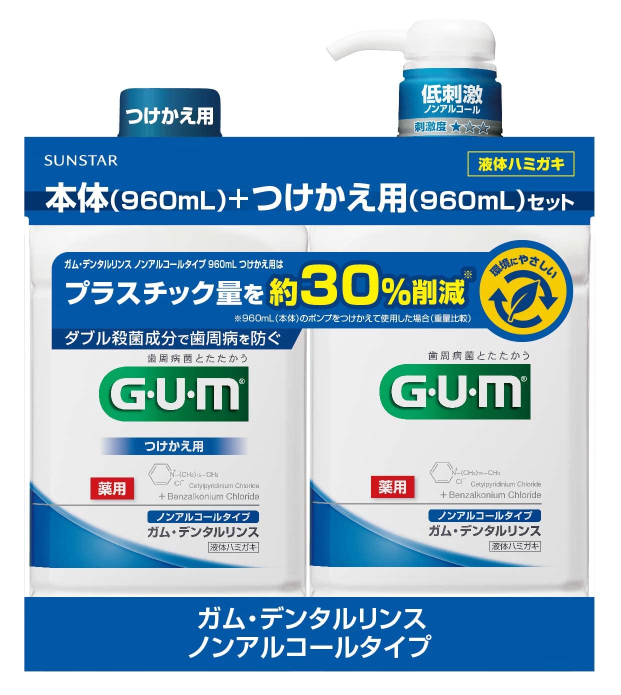 GUM(ガム) 医薬部外品デンタルリンス 本体960ml+付け替え960mlセット [ノンアルコール 低刺激 ハーブミントタイプ] (薬用 液体ハミガキ CPC配合 長時間殺菌 歯周病予防 ハグキケア