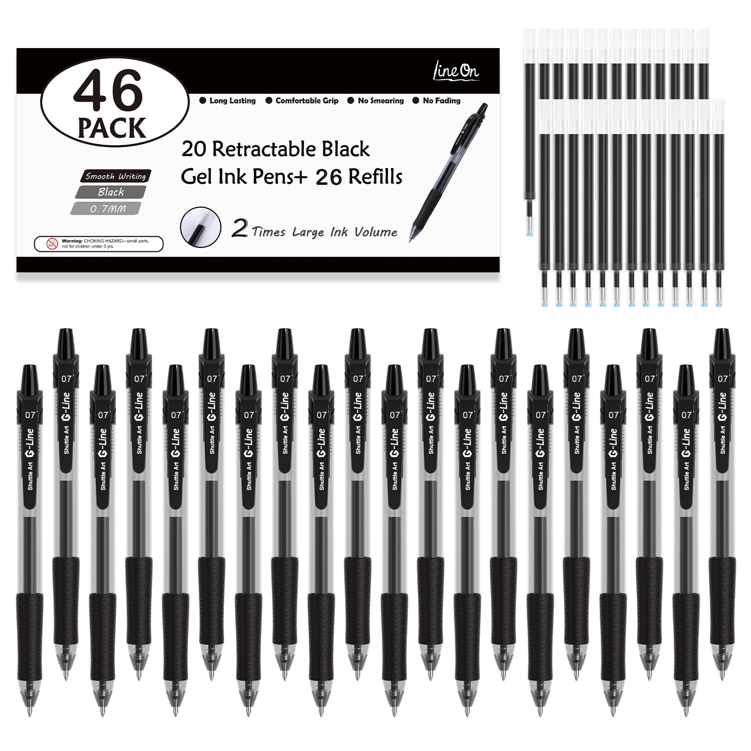 Lineon ジェルボールペン ボールペン ノック 式 ブラック 0.7mm 20ゲル ペン 26替え芯 46パック 速乾 手帳 ノート グラフ スケッチ 事務用 筆記具用