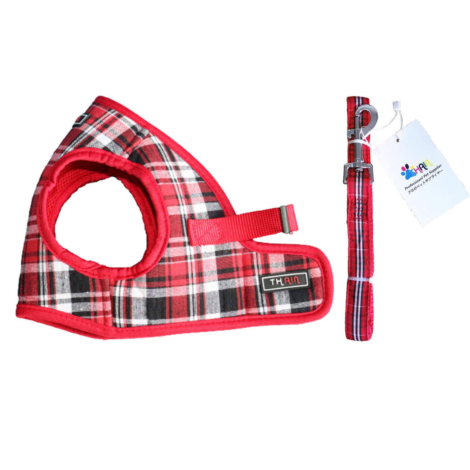 THAINハーネス・リード 5-8kgs 中小型犬 中型犬の子犬 ハーネス リードセット チェック 胴輪 中型犬 メッシュ ハーネス 中型犬 人気 格子縞 犬用ハーネス(L レッド)