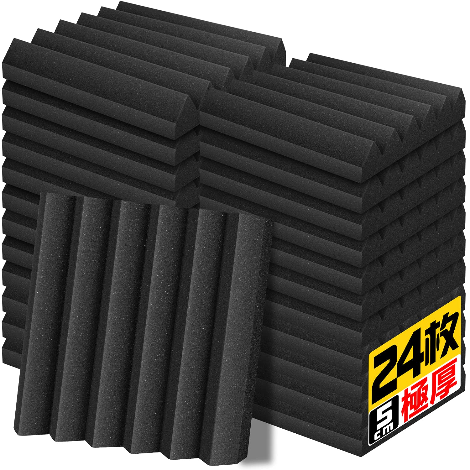 YOPIN 吸音材 30*30*5cm 極厚 ウレタンフォーム 吸音対策 室内装飾 楽器 消音 騒音 防音 吸音パネル 両面テープ付き (2.16?（24枚）, 黒(ウェッジ形))