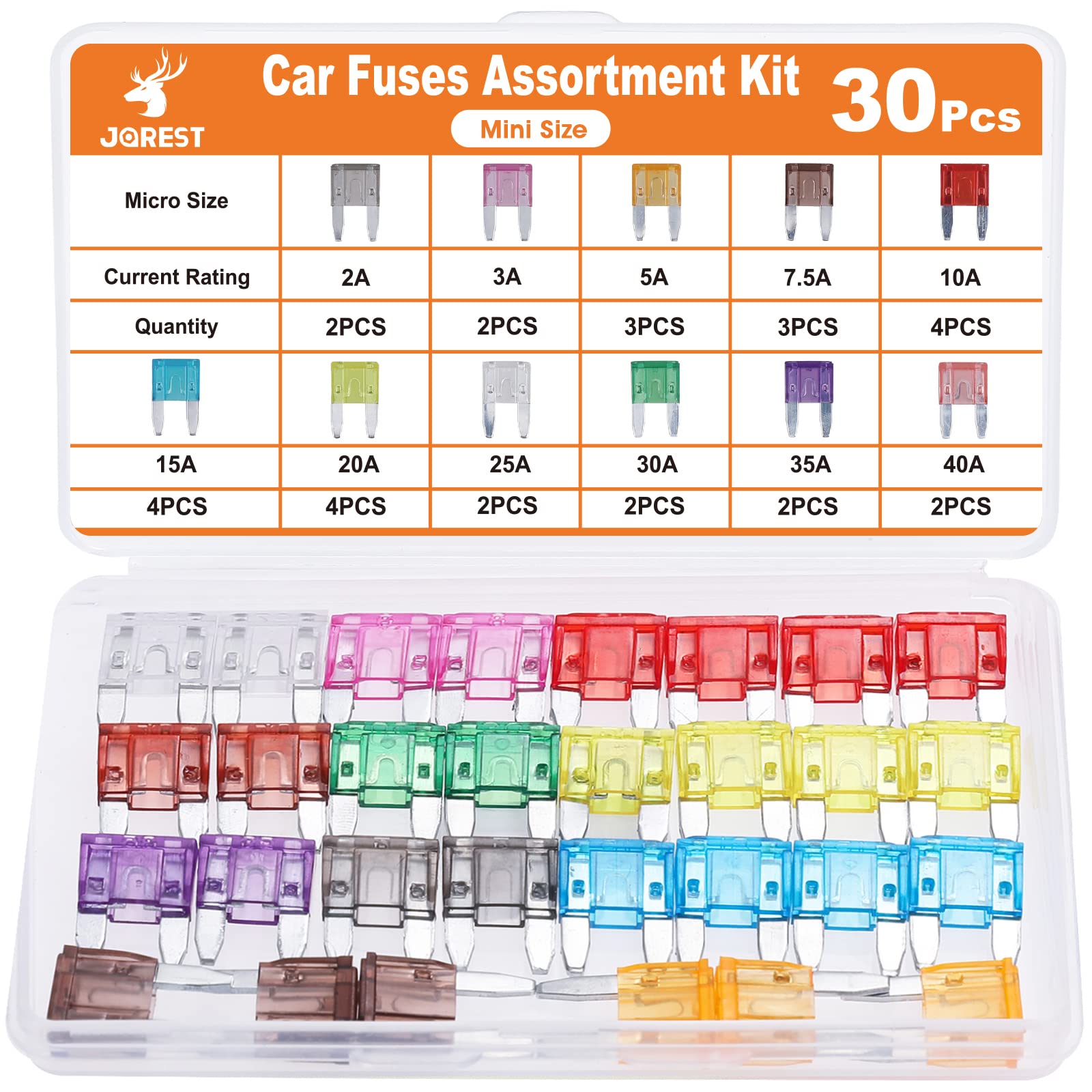 JOREST 30個ミニ平型ヒューズ、車 ヒューズ, 車/トラック/オートバイ用(2A 3A 5A 7.5A 10A 15A 20A 25A 30A 35A 40A)