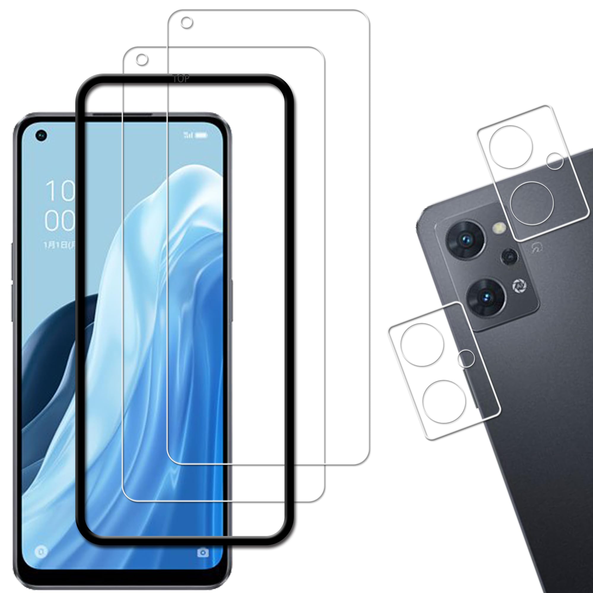2+2枚セットKPNS ガイド枠付き 日本素材製 強化ガラス OPPO Reno9 A/OPPO Reno7 A OPG04 用 ガラス フィルム カメラフィルム カバー 保護フィルム