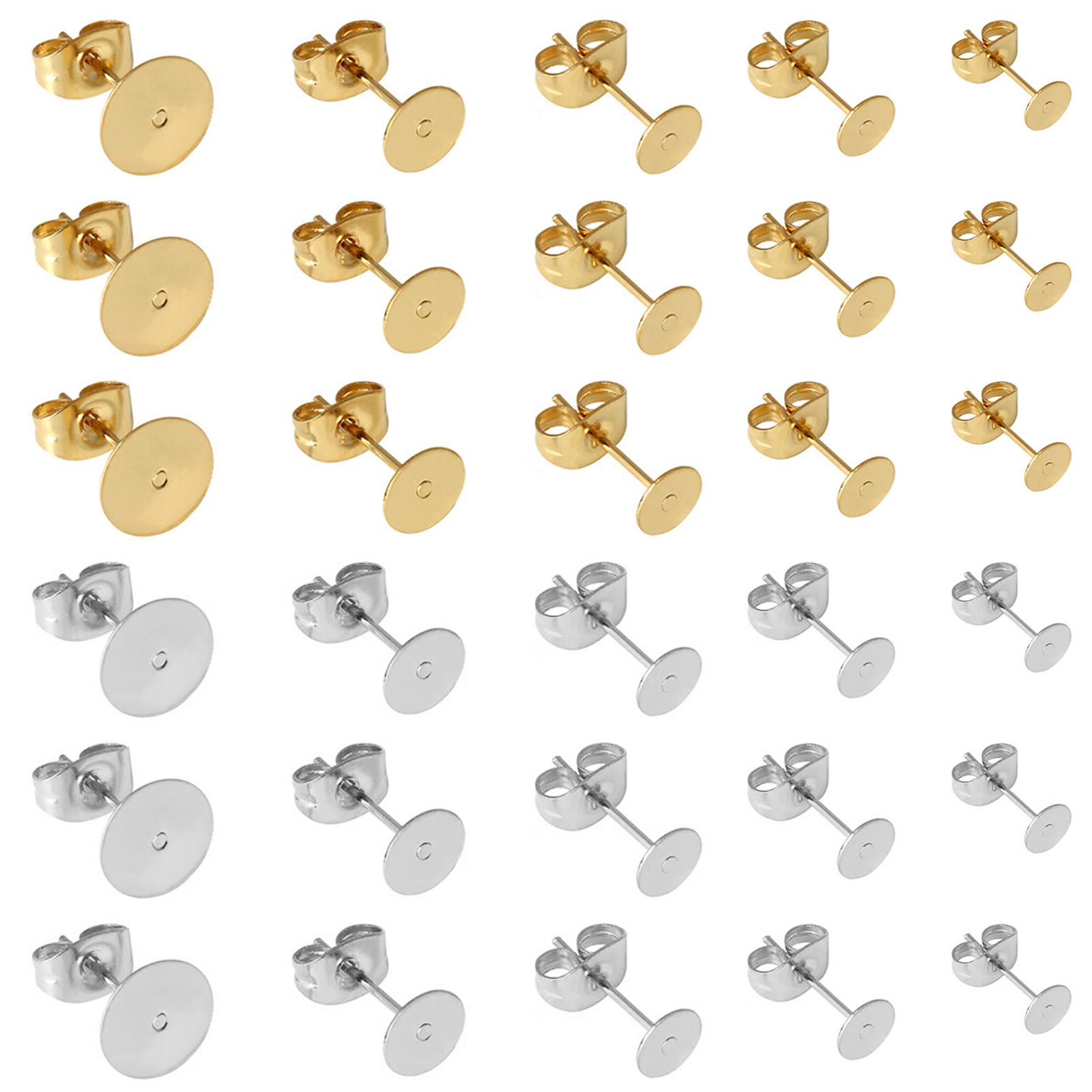 サムコス 約200個セット 丸皿 ピアス パーツ ゴールド シルバー 2色100ペア 5サイズ 3mm 4mm 5mm 6mm 8mm 平皿 台座付き キャッチ付きピアス 芯付ピアス金具
