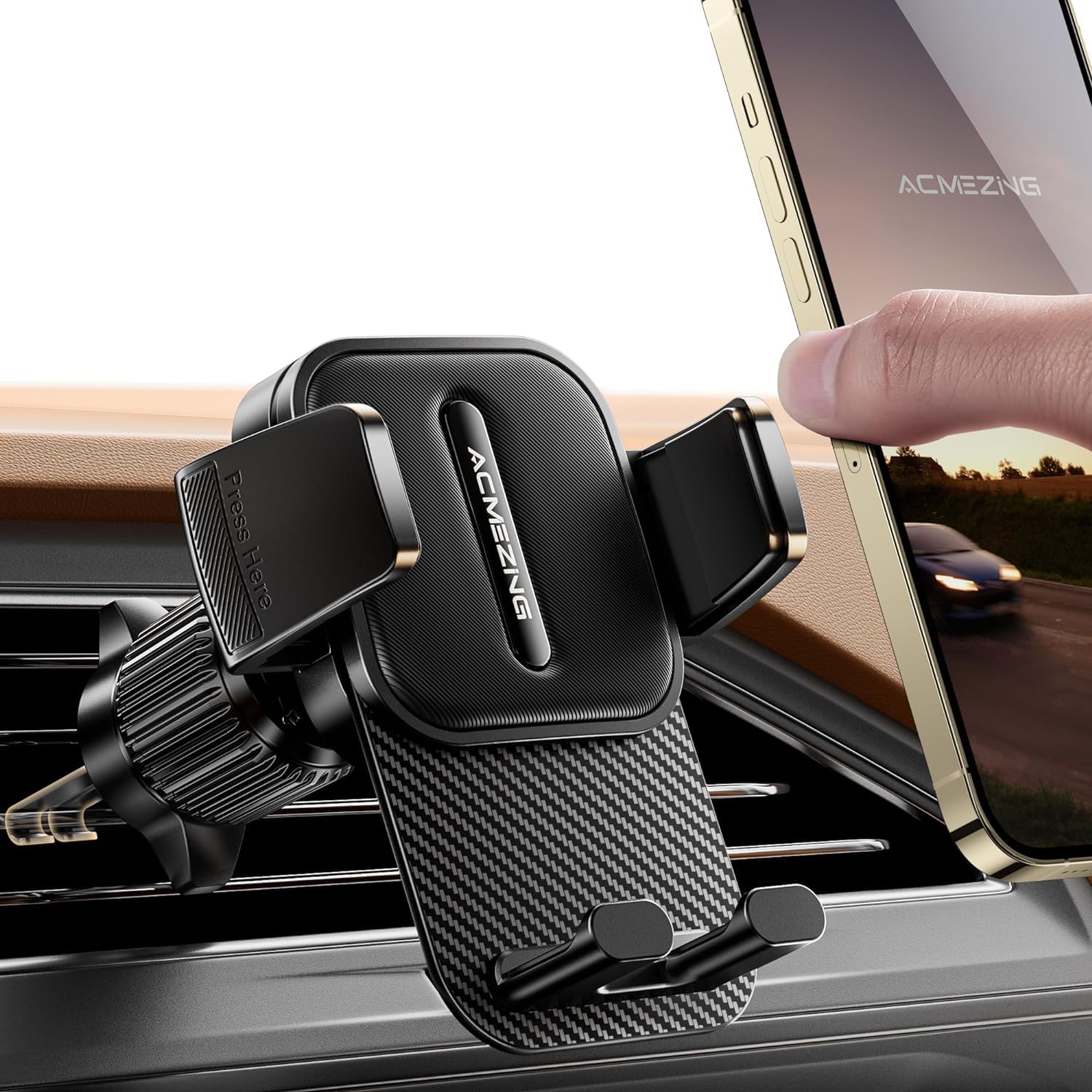 スマホホルダー 車 ACMEZING 車 スマホスタンド金属製二重フック+炭素繊維パネルカー用品 車載スマホホルダー エアコン 吹き出し口 携帯ホルダー 安定性拔群 スマホ 車用 ホルダー 背面ボタン