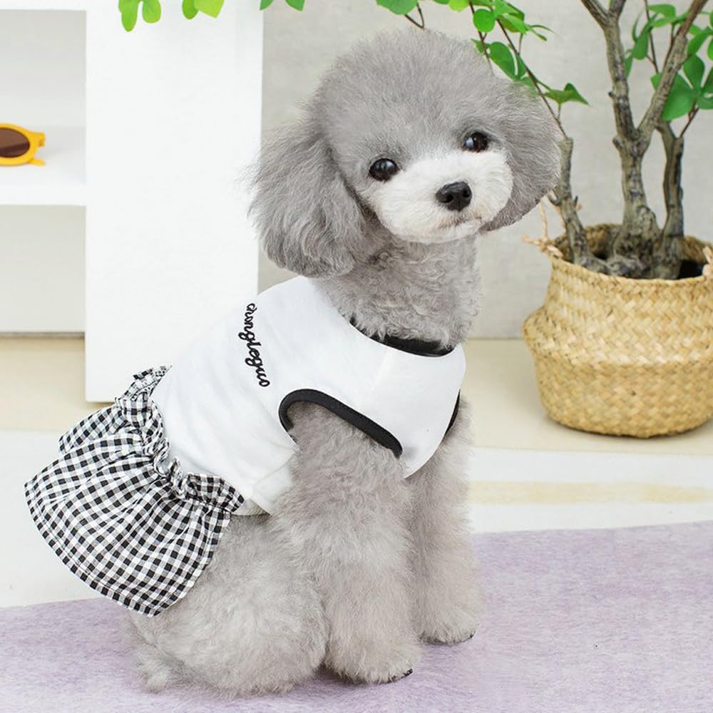 サムコス 犬服 ワンピース ペット服 犬猫洋服 チェック柄 蝶結び 袖なし 春夏秋 犬の服 お姫様 レース ドレス スカート 可愛いワンピース 人気 ファッション 小型犬 中型犬 猫 (S, ホワイト